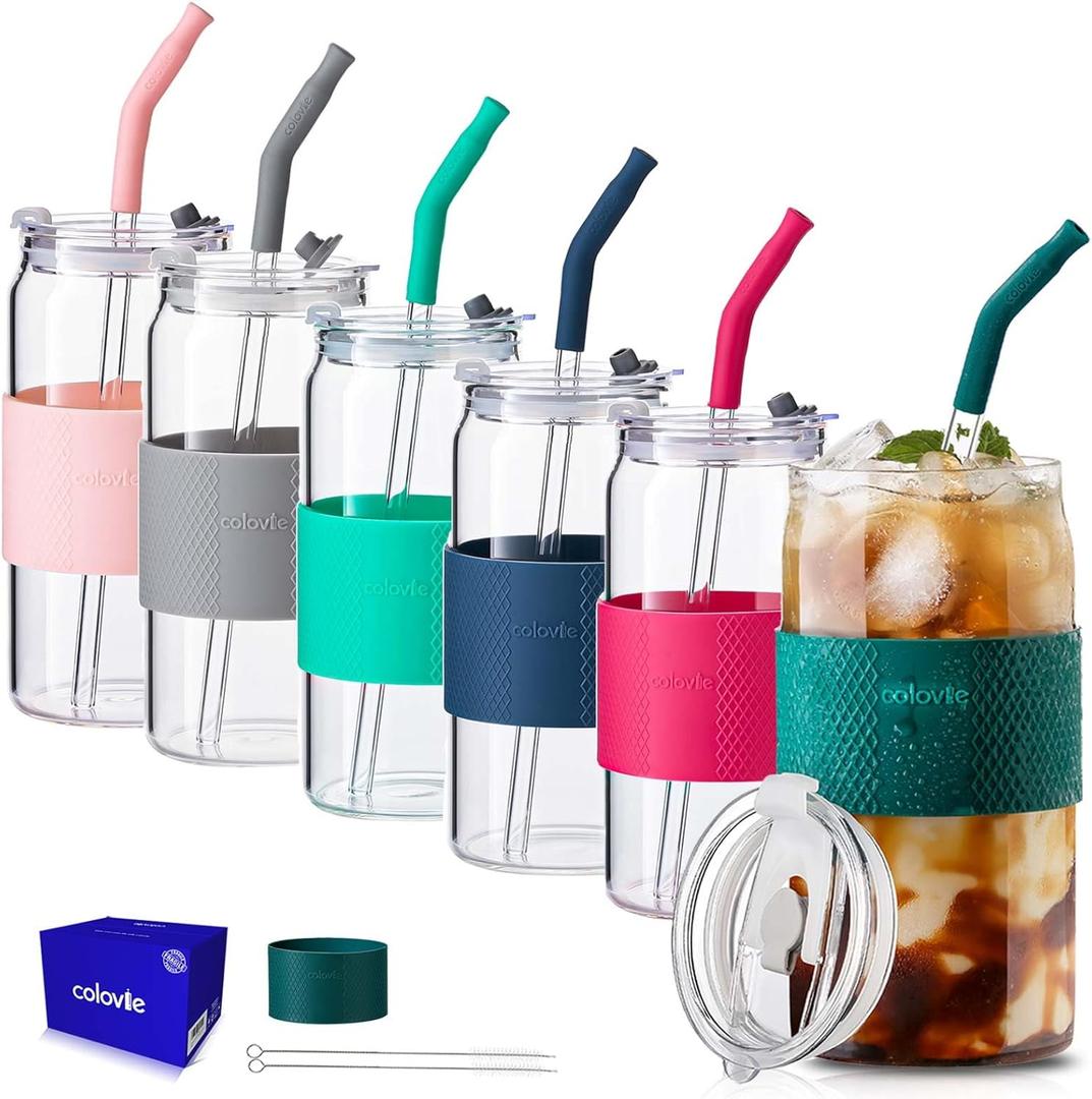 ColoVie 20oz Mixed Drinking Glasses with 6 Colors, Thicken Reusable Glass Tumblers with Lids and Straws, Removable Silicone Sleeve for Hot or Iced Drinking, Unique Colorful Glass Cups