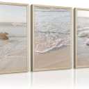 Beach Wall Art Decor Coastal Wall Art Pictures Ocean Canvas Wall Art Beige Beachy Wall Decor Boho Beach Prints Ocean Painting Coastal Artwork for Bedroom Living Room 16x24 Inch Wood Framed Set of 3