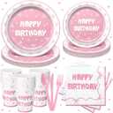 168 Pcs Bow Party Favors Coquette Birthday Decorations Wedding Spring Pink Bow Birthday Supplies Includes Pink Napkins Plates Forks and Theme Tableware Party Supplies Decor