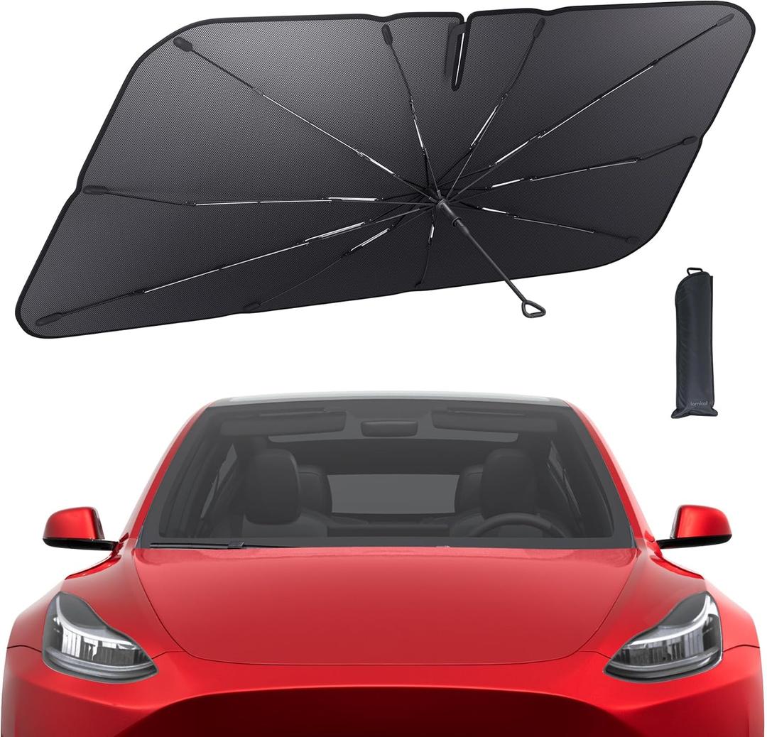 Tesla Model 3/Y Windshield Sunshade - 2025 Upgrade Foldable Sunshade Umbrella, 5-Layer UV Block, 10-Rib Frame, Fits Tesla Model 3/Y (2017-2025) Interior Sun Protection, Tesla Accessories