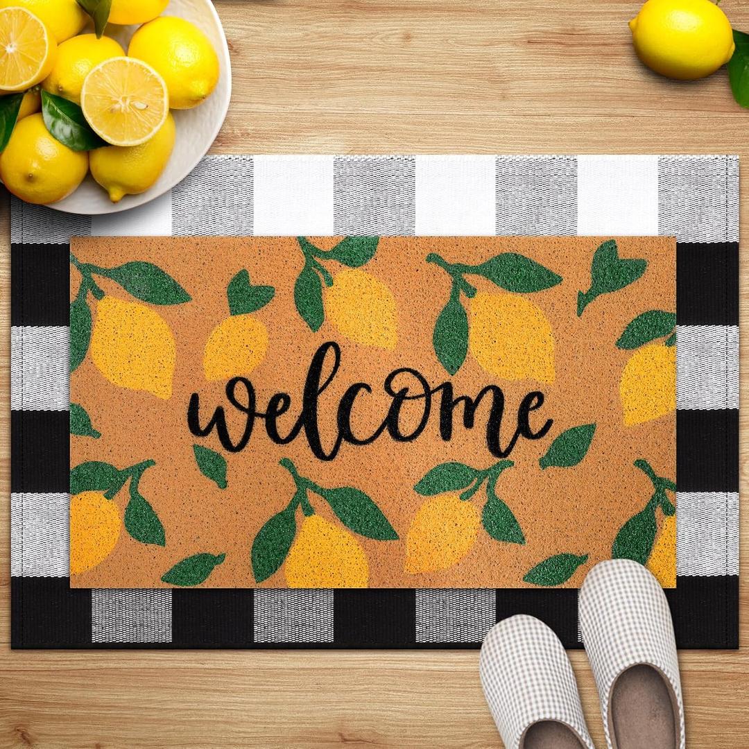 2 Pack Welcome Coir Door Mat Lemon and Buffalo Plaid Floor Mat for Entry Outdoor Indoor Heavy Duty Entryway Entrance Rug for Summer Front Door Porch Patio 35 x 23 and 28 x 16 Inch
