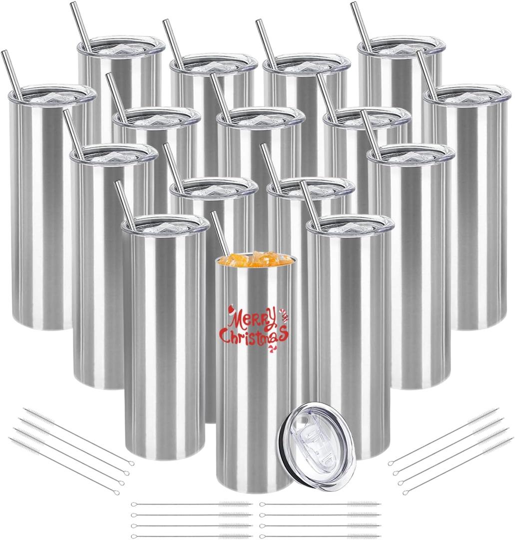 16 Pack Stainless Steel Skinny Tumblers Blank Bulk Straight Double Wall Insulated Tumbler with Lid and Straw for, DIY Gift, 20oz Silver