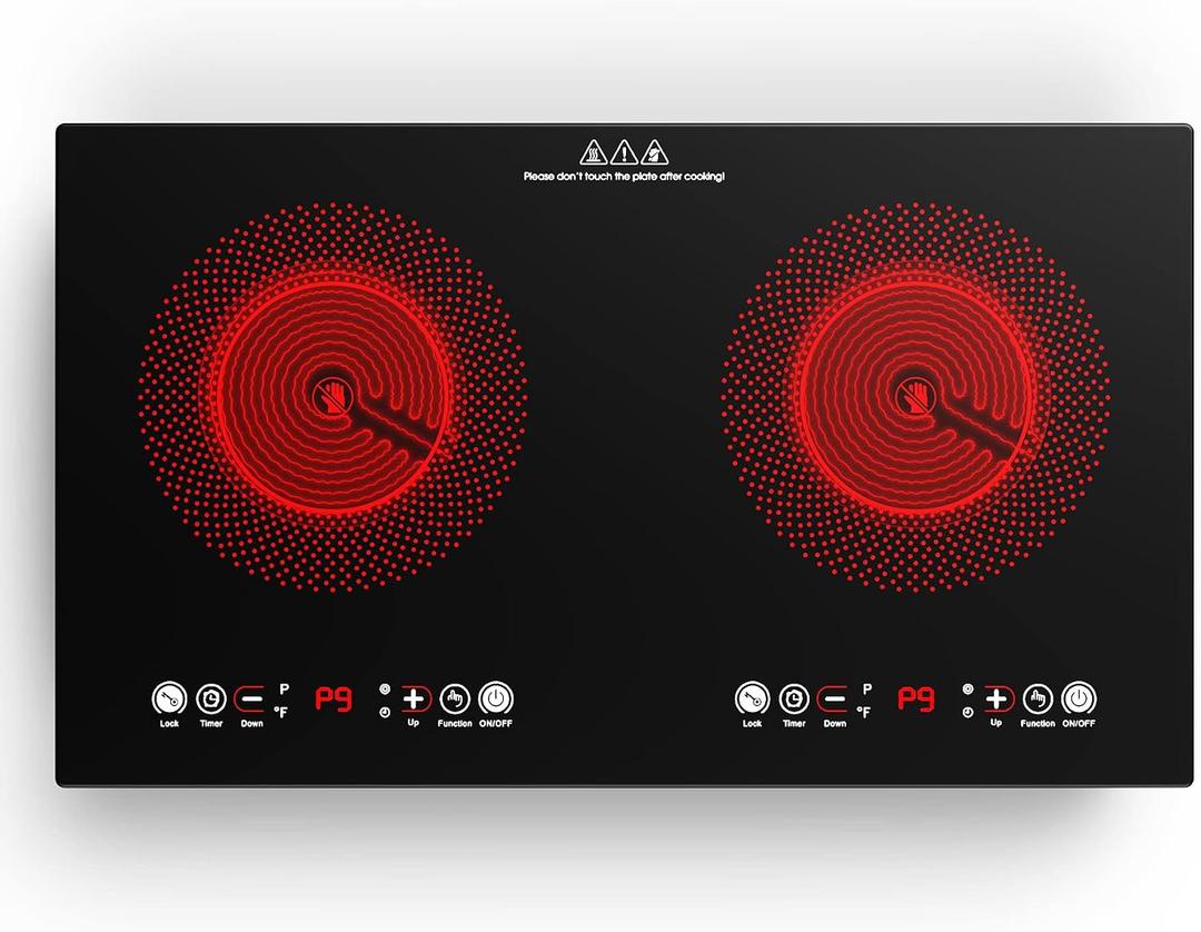 VBGK Electric cooktop,110V 24 inch 2 Burner Electric Cooktop,Built-in and Countertop Stove Top,2200W Stove,9 Power Levels, Kids Lock & Timer,LED touch control,Overheat Protection, Double Burner Electric Cooktop
