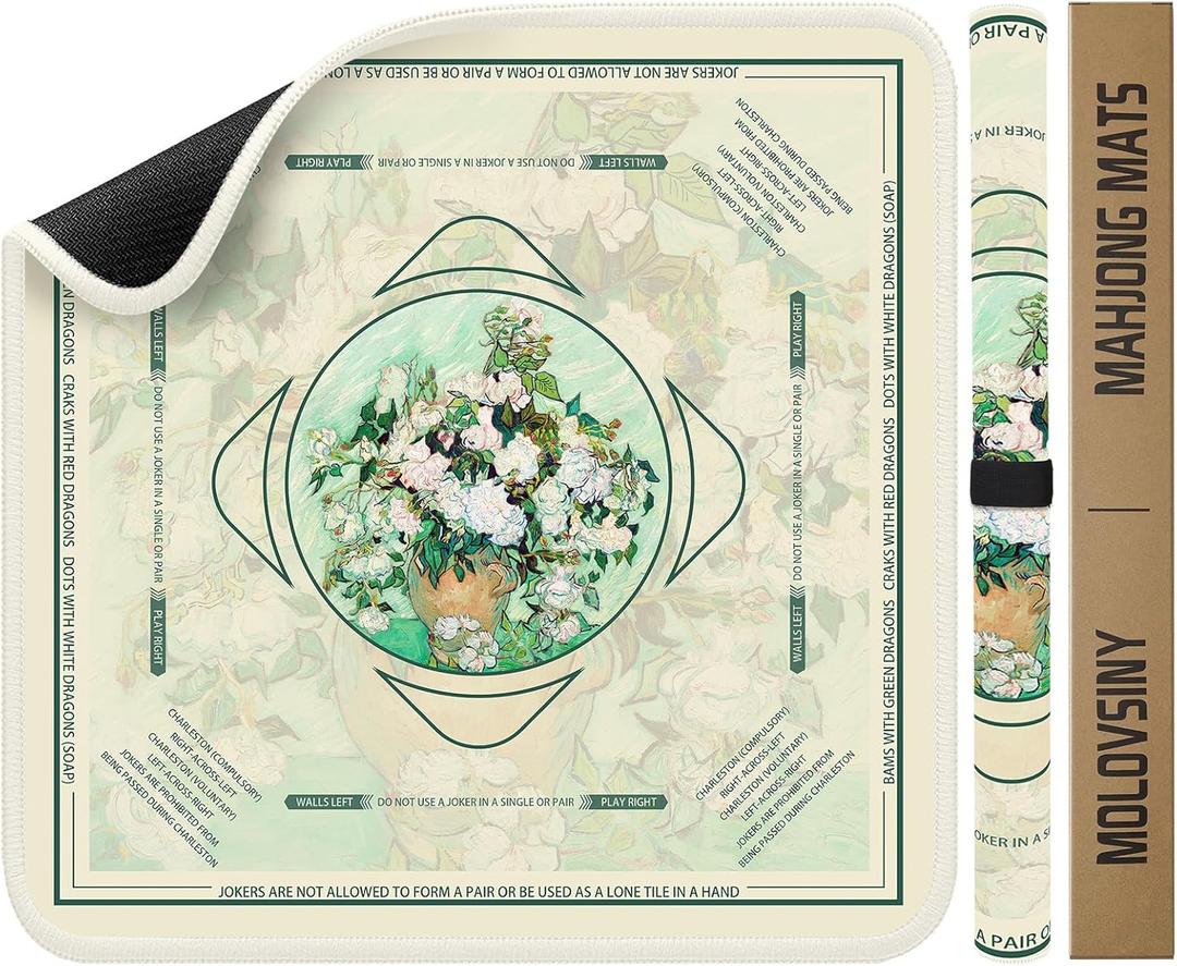 Mahjong Mat 31.5 Inch Square - Non-Slip Durable Table Cover for Mahjong/Card/Domino Games, Rolled Shipping with Storage Pockets & Noise Reduction, Premium Gift for Women(Ivory Vase)