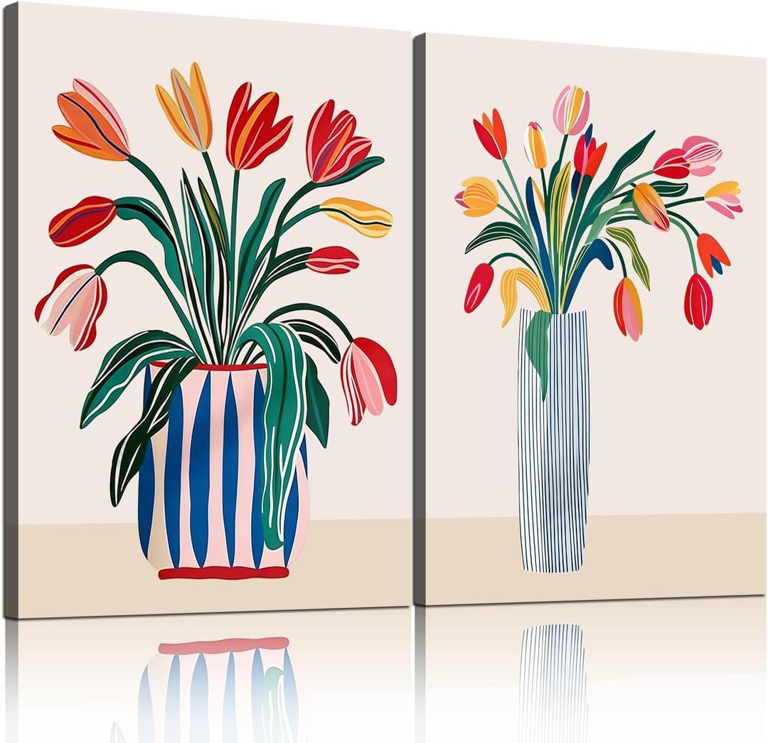 Framed Floral Canvas Wall Art Modern Floral Painting Poster Gallery Style Print Picture Living Room/Bedroom Wall Decoration Size 24x16 Inches X 3. Ready To Hang.