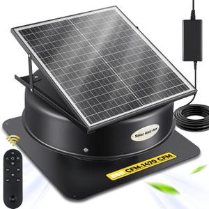 Hybrid Solar Attic Fan with Remote Control, 40 Watt Solar Powered Roof Vent Fan, 880-1470 CFM Exhaust Fan, 22x22x10