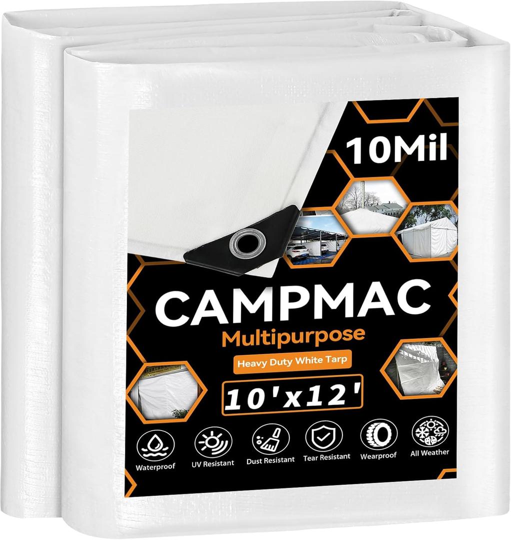 White Heavy Dut Waterproof Tarp 10' x 12', 10 Mil Thick, High Durability, Rip and Tear Resistant with Metal Grommets Every 20 Inches