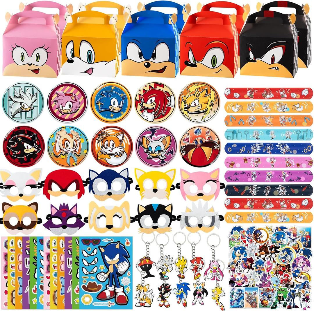 Birthday Party Supplies,112 Pcs Party Favors Include 10 Masks,10 Keychains,10 Wristbands,10 Pattern Decorations,12 Make a Face Stickers,10Gift Boxes and 50 Stickers, Best Gift Bag Filler