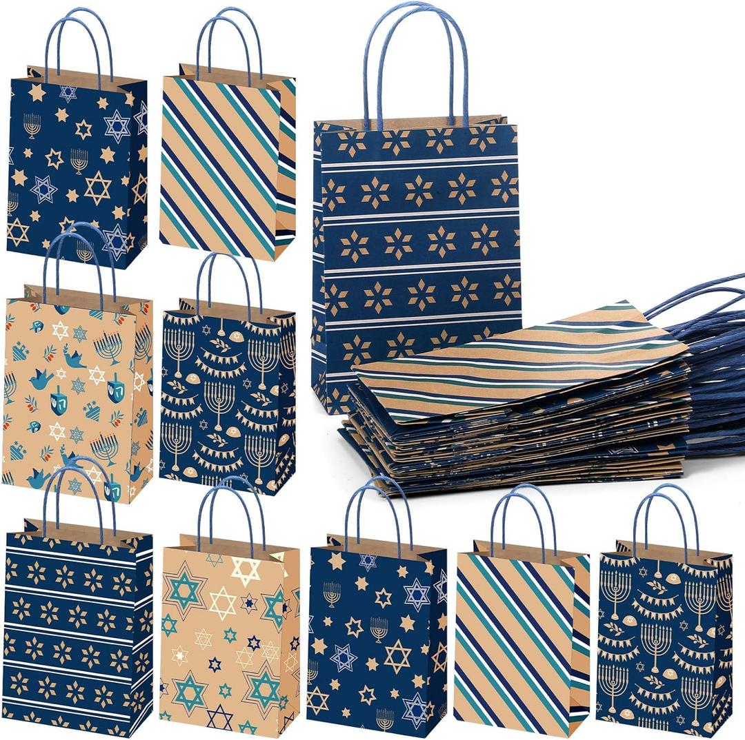 Kolldenn 24 Pcs Hanukkah Kraft Gift Bags Assorted Happy Chanukah Jewish Menorah Paper Present Bags for Hanukkah Holiday Jewish Party Favor Supplies