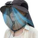 Short Brim Sun Hat with Solar Fan & Face Net Mask for Men Women UPF 50+ Neck Flap for Garden Outdoor Fishing Beach Essential (Beige)