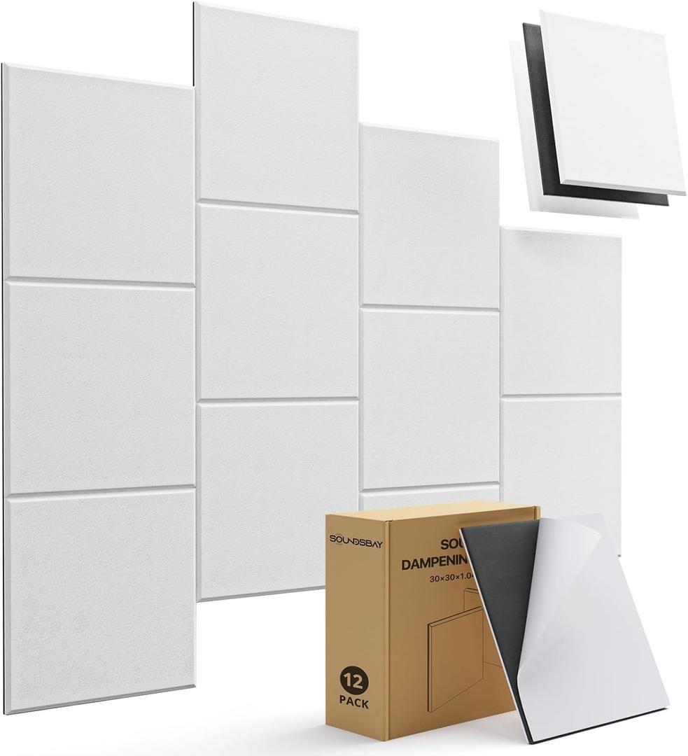Mass Loaded Vinyl Soundproof Wall Panels Self-adhesive, 12 Pack Mlv Soundproofing Panels, 12''x12''x0.4'' High Density Square Sound Proof Panels For Walls, Home Office, Reccording Studio White