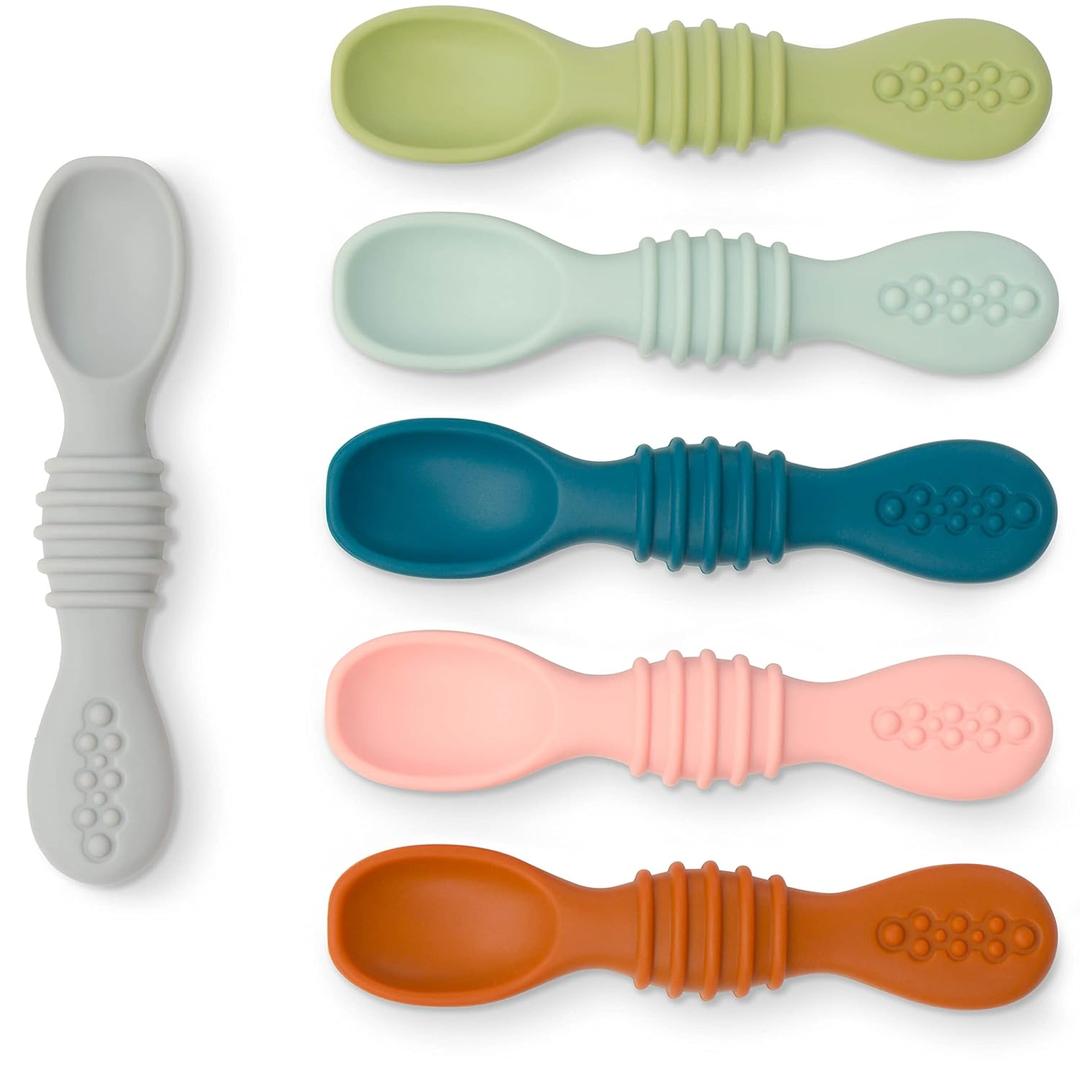 Simka Rose Silicone Baby Spoons Self Feeding (6 Pack)- First Stage Infant Spoons for Babies & Toddlers- Baby Led Weaning Shallow Spoons- Easy on Gums- 6 Months+ -Dishwasher Microwave Safe (Multicolor)