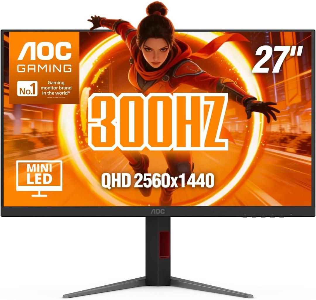 AOC Q27G4SMN 27" Mini-LED Gaming Monitor, QHD 2560×1440, 300Hz, 1ms GtG, DisplayHDR 1000, Adaptive-Sync, HDMI 2.1, DisplayPort 1.4, Height Adjustable Stand, 3-Year Zero-Bright-dot