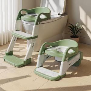 3-in-1 Potty Training Seat & Training Toilet & Potty Chair, Height AdjustableToddler Toilet Seat for Kids, Foldable Potty Training Toilet with Splash Guard & Anti-Slip Steps (Green)