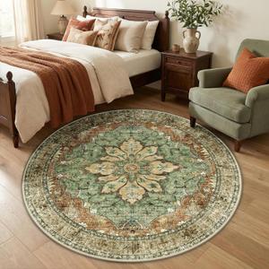 RELEANY Area Rugs 5ft Washable Non-Slip, Floral Vintage Distress Print Pattern Medallion Carpet for Living Room Bedroom Dining Room, Brick Red Rust Neutral Brown Burnt Orange