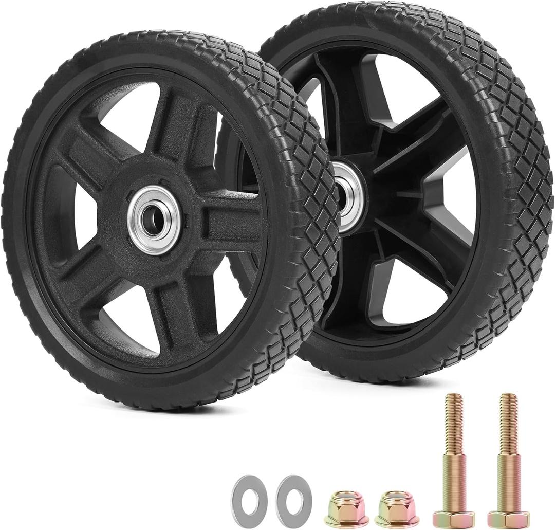 7 Inch Lawn Mower Wheels Kits Universal 7" Push Mower Wheels with 1/2" Bearing, Bolts & Nuts, Plastic Replacement Tires for Most Standard Garden Tiller, Pressure Washer, Handtruck, 2 Pack (Black)