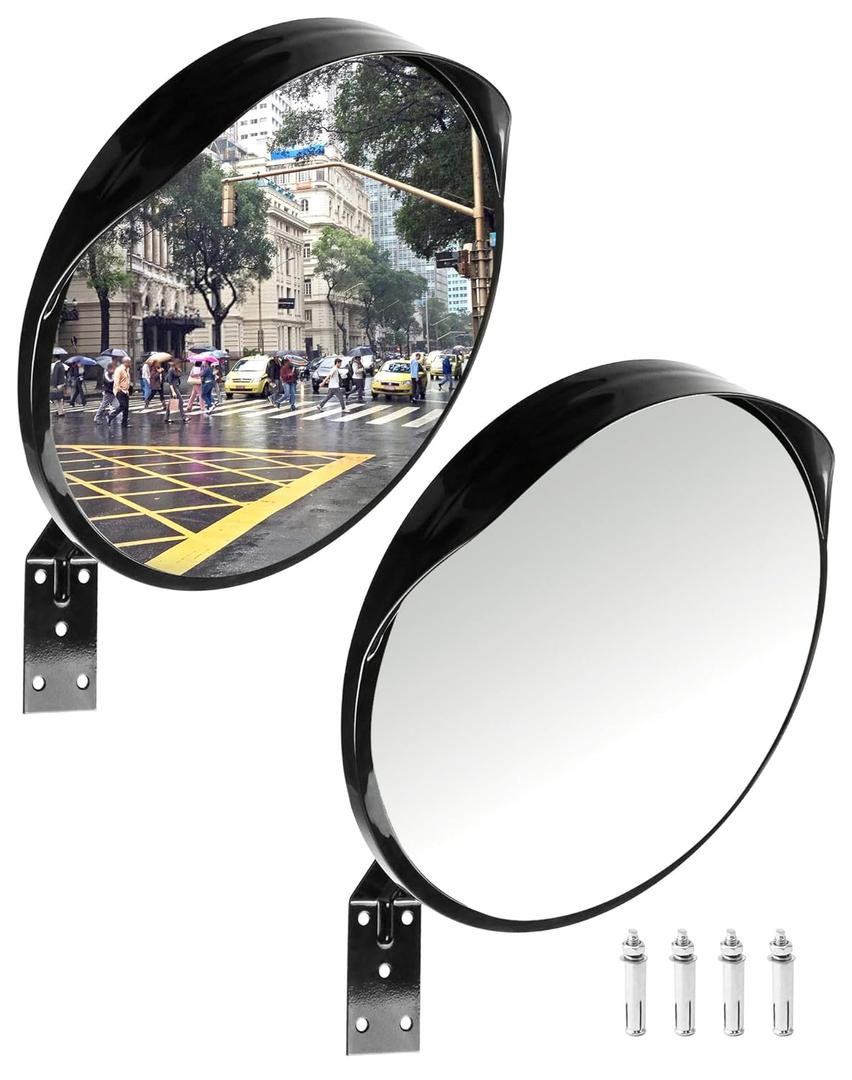 QWORK 2 Pack 12" Adjustable Convex Security Mirror - Wide Angle View for Indoor & Outdoor Use - Safety Mirror for Driveway, Garage, Store and Office - Weather Resistant Acrylic Material, with Screws