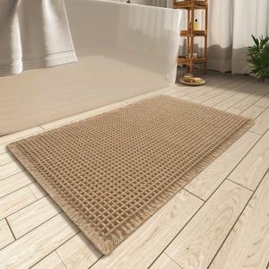 AMOAMI Upgraded Waffle Bath Mat, Super Absorbent Non Slip Bath Mats for Bathroom Floor, Washable Bathroom Rugs with Tassels, Rubber Backed Bathroom Mats, Ultra Soft, 20" x 32", Brown