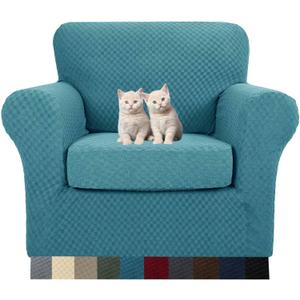 MAXIJIN 2 Piece Jacquard Chair Covers with Arms Super Stretch Non Slip Chair Slipcover for Living Room Dogs Pet Friendly Elastic Sofa Couch Protector Armchair Cover (Chair, Peacock Blue) (Small (1 Cushion))