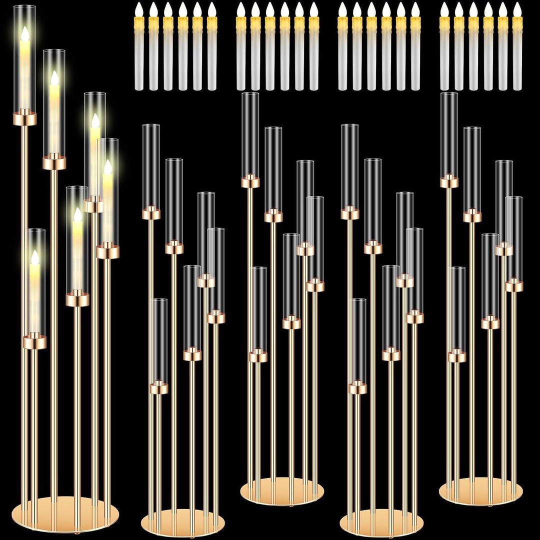 Tandefio 4 Sets Acrylic Candelabra Centerpieces 46.5'' Tall Clear Candle Holders Pillar Taper Candlestick with Lampshades 6 Arm Floor Candelabra Stand for Wedding Christmas Ceremony Dinner Party