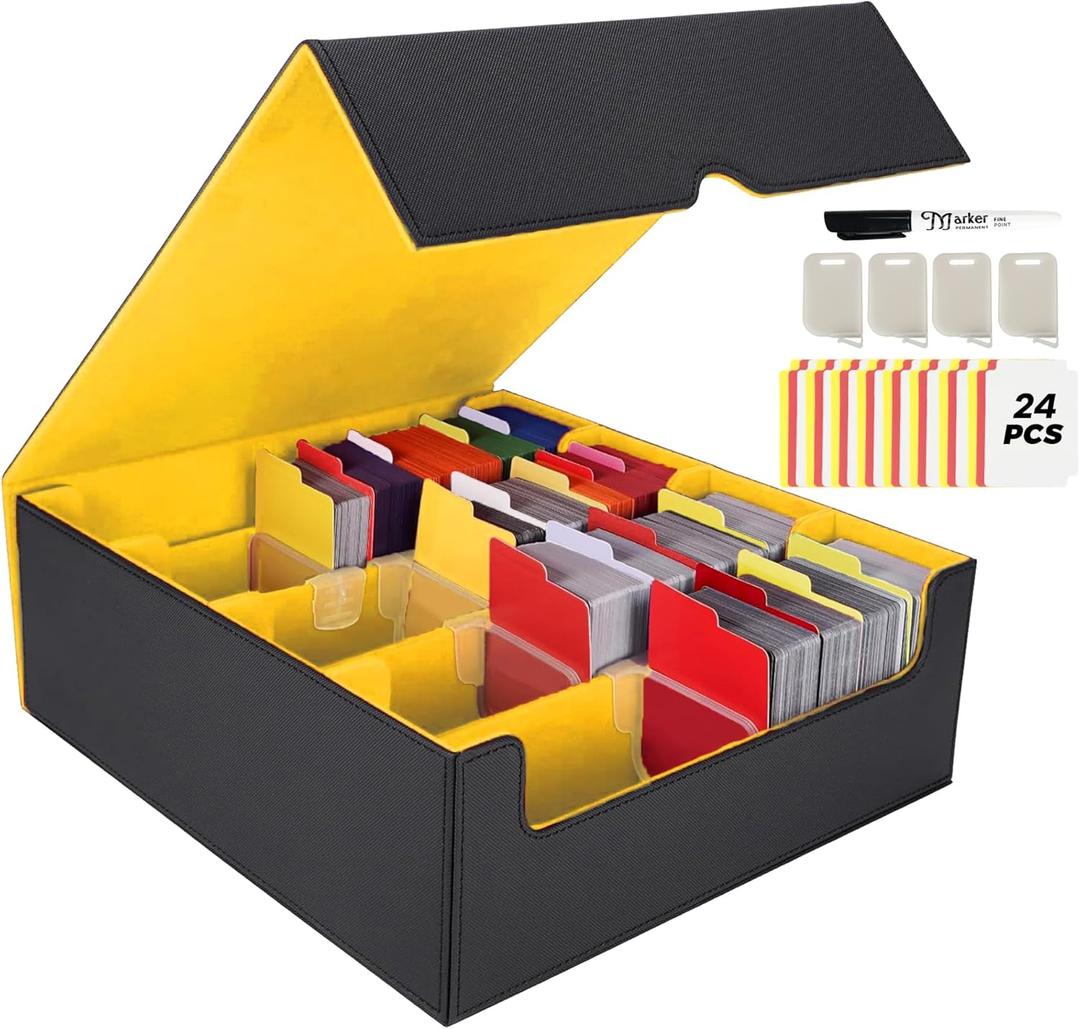 SMILESSKIDDO Card Storage Box for Trading Cards, 3000+ Mtg Deck Box With 24 Dividers, 4 Card Supporters, 1 Marker Pen, 4 Rows Mtg Card Storage Fits for Magic Game, TCG, Sport Cards(Black Gold)
