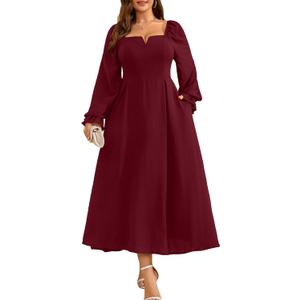 RWJ Long Sleeve Dress for Women 2025 Fall V Neck Elegant Flowy Plus Size Formal Wedding Guest Maxi Dresses with Pockets (Burgundy, X-Large Plus)