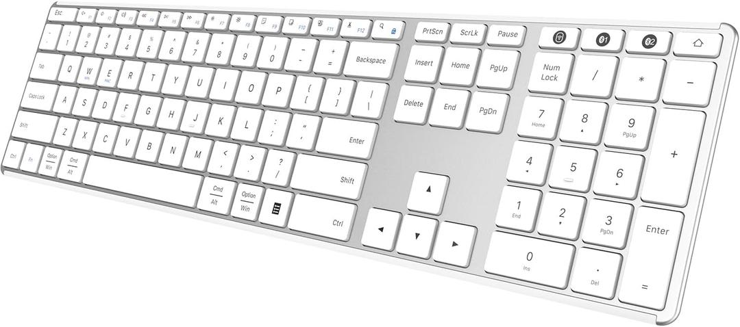 AUSDOM Full Size Bluetooth Keyboard, 2.4G Wireless Quiet Slim Keyboard, Multi Device Low Profile Silent Flat Keyboards with Numeric Keypad, Rechargeable Battery for Windows Mac iOS Computer, White