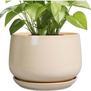 G EPGardening Ceramic Plant Pots - 9 Inch Round Planter, Ceramic Flower Pots with Drainage and Saucer, Modern Indoor Outdoor Planter, Room Decor, Home Gifts, Beige