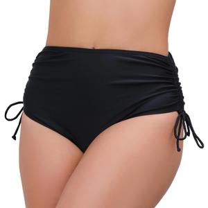Women's High Waisted Full Coverage Bikini Bottoms Tummy Control Adjustable Drawstring Swim Bottoms (Black1, Small)