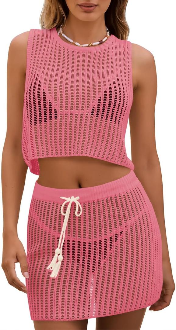 Fisoew Womens 2 Piece Crochet Sets Sleeveless Crop Tops Cover Up Beach Mini Skirt Outfits Vacation Sets, S
