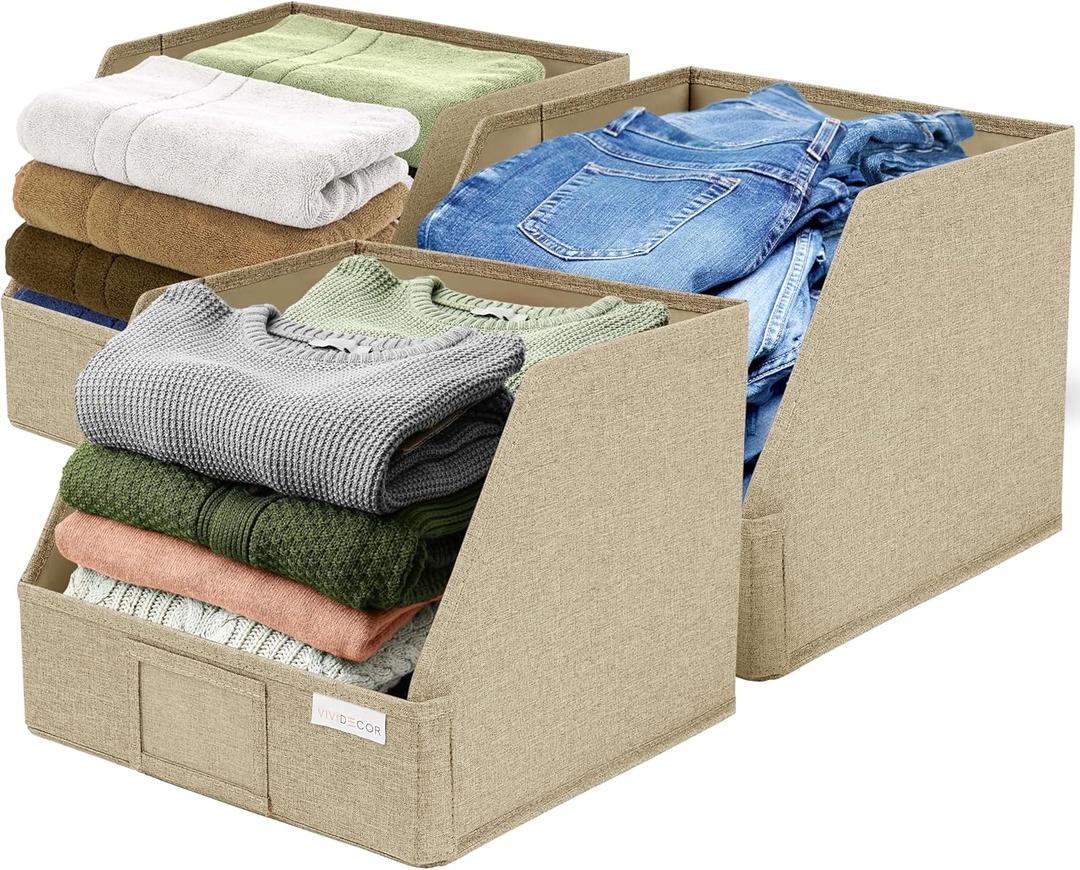 VIVIDECOR Storage Cubes  12x12x10 Fabric Baskets for Organizing, Storage Baskets for Shelves, Front Opening Fabric Bins, Closet Organizer Bins for Clothes, Towels, Sweaters, Linen  Brown, 3 Pack