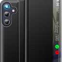 Phone Case for Samsung Galaxy A56 5G, Clear View Window Luxury Slim Mirror Case with Kickstand, Leather Hard PC Flip Shockproof Protective Cover (Black)