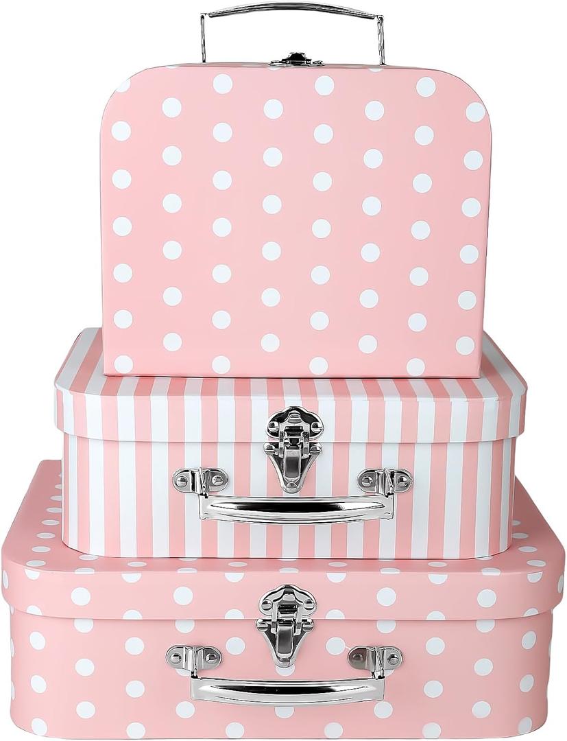 Paperboard Suitcases Set of 3 Decorative Storage Boxes with Lids,Mini Suitcase,Cute Storage Gift Boxes for Barbie Doll,Toys,Photos,Hat,Christmas New Year,Wedding Birthday Party Home Decoration (Pink)