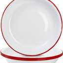 Lawei Set of 4 Enamel Dinner Plates, 10 Inch Round Enameled Camping Plate with Red Rim, Retro Salad Pasta Bowls Enamel Deep Dinner Serving Platter for Dinner, Outdoor, Picnic, BBQ, Butter