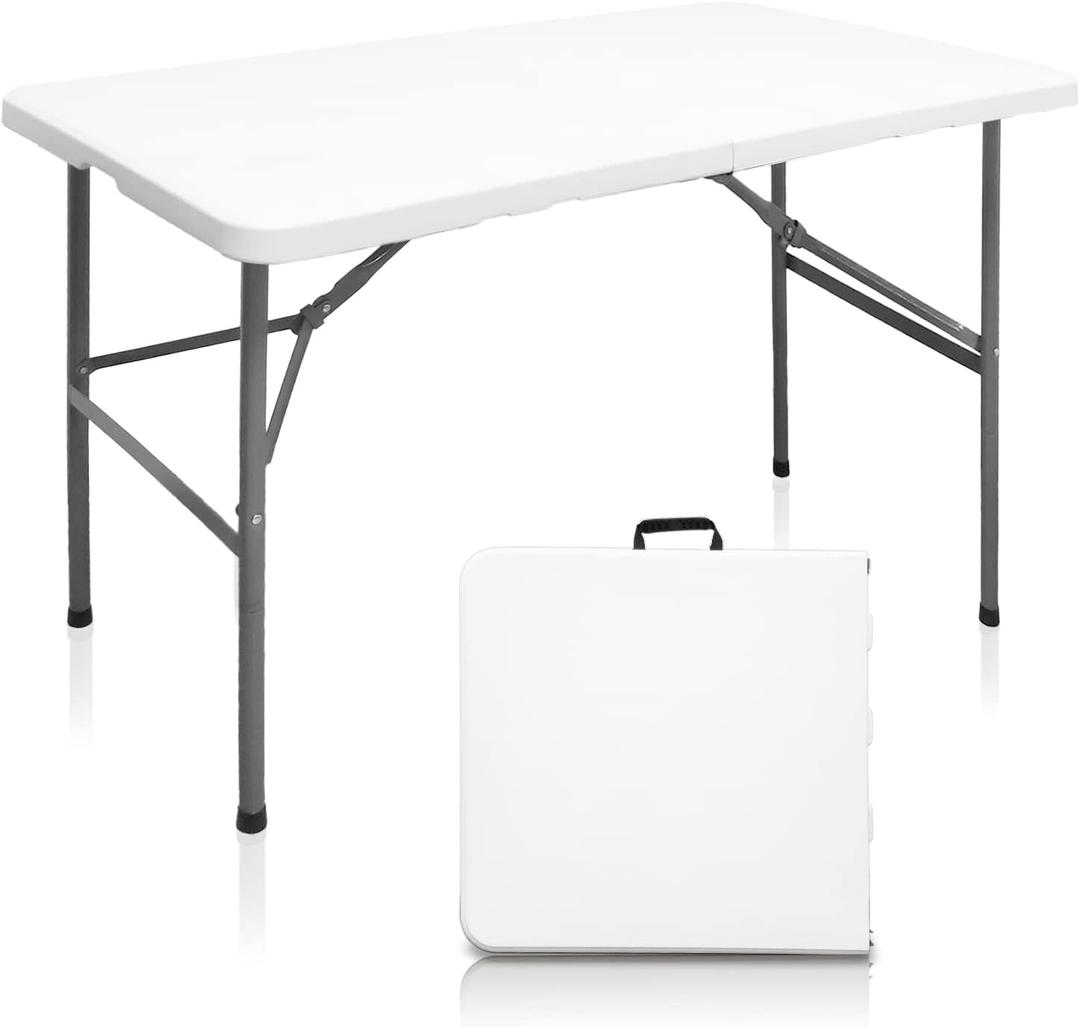 Folding Table 4ft Heavy Duty Folding Tables Indoor Outdoor Plastic Dining Table Portable Folding Square Card Table w/Handle for Picnic, Party, Camping (4 FT) (White)