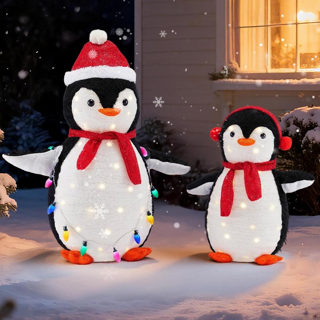 DUMOS 2-Piece Lighted Penguin Family Outdoor Christmas Decoration, Pop up Holiday Decor with 150 LED Lights for Yard, Garden, Storefront, White Red (3ft)