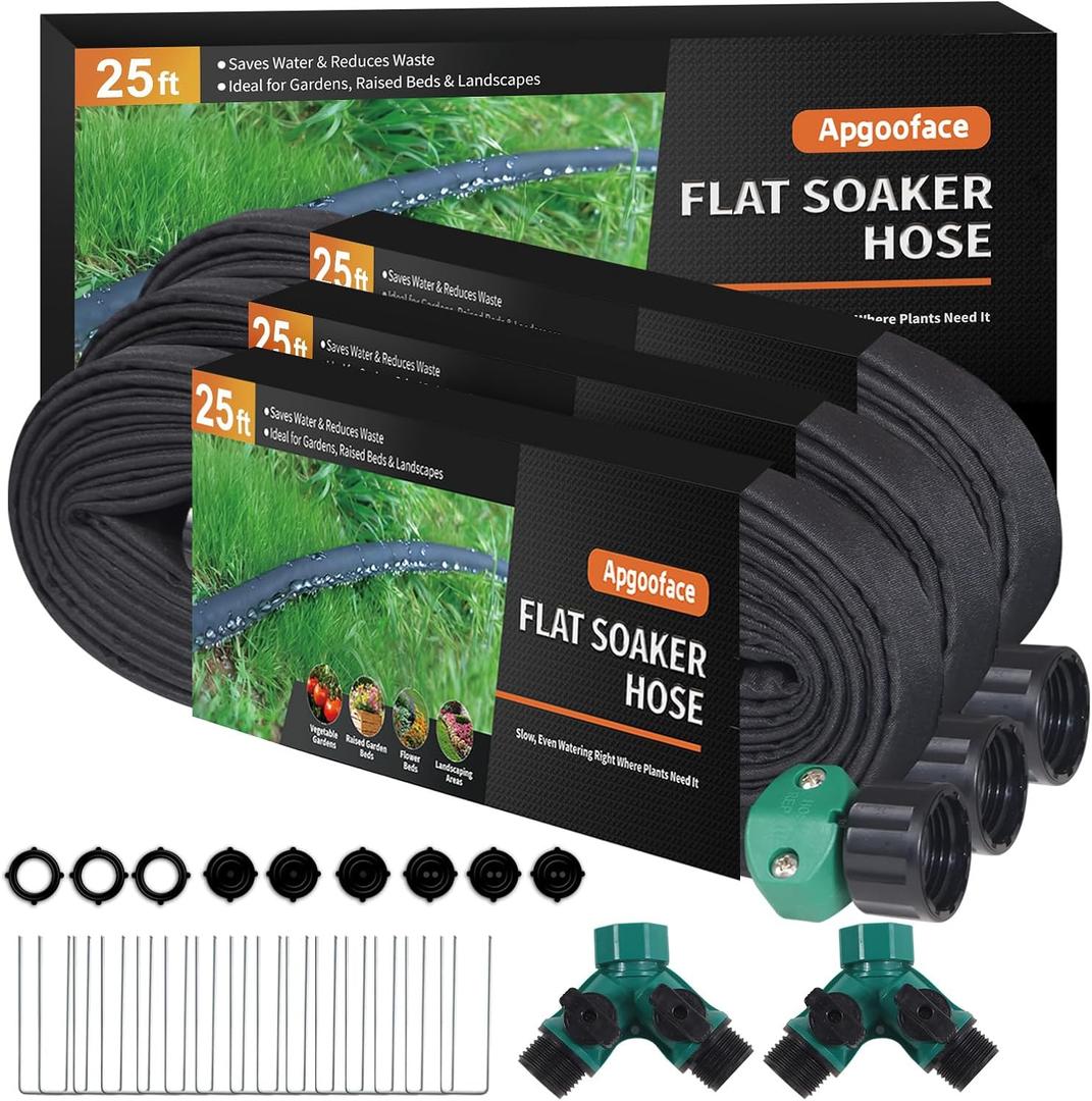 Flat Soaker Hose 25 ft 3-Pack with Splitter, 80% Water-Saving Drip Irrigation Hose 75 ft, Linkable DIY Garden Soaker Hose System for Garden Beds, Lawn, Vegetables & Trees (25ft 3-pack)
