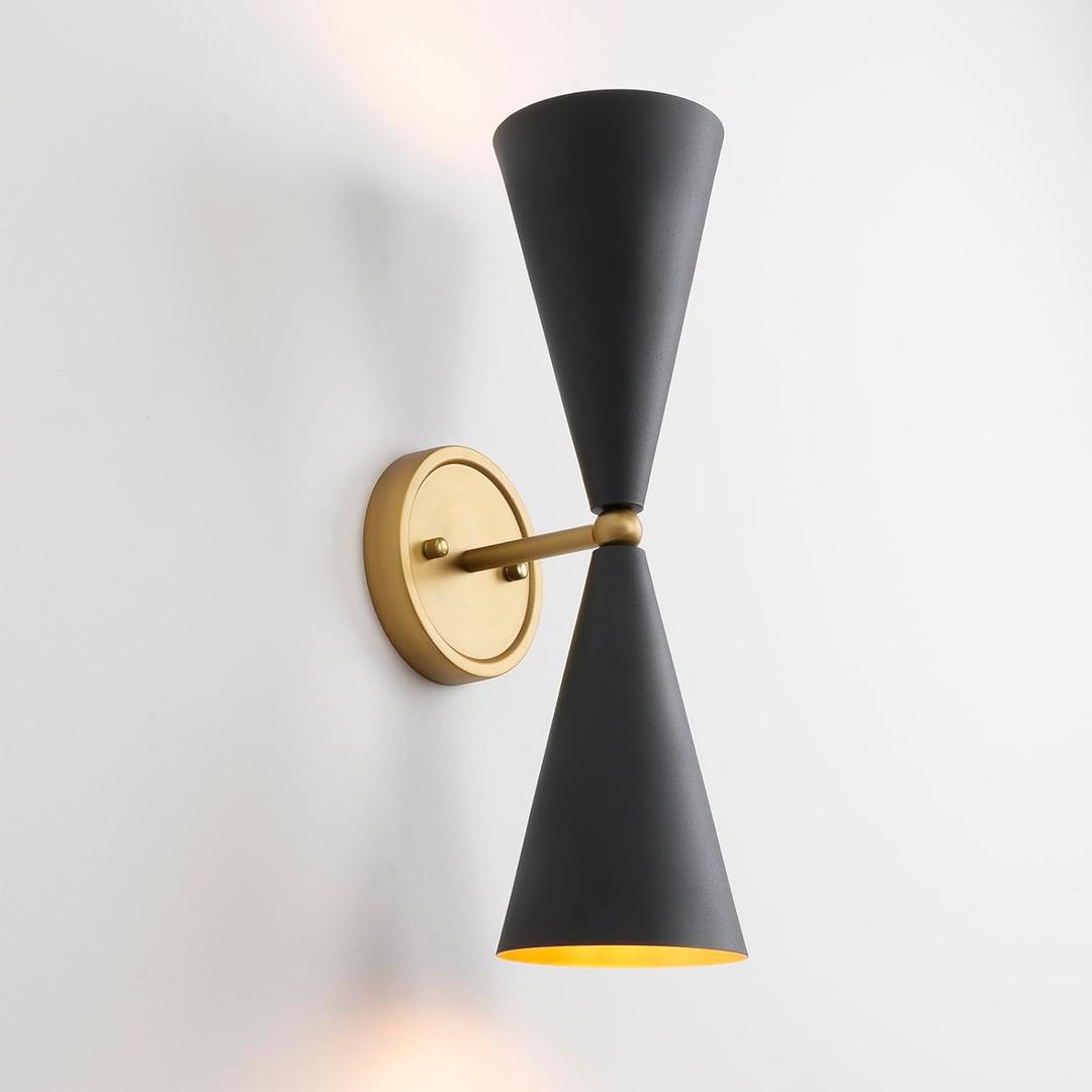 Modern Black Gold Wall Sconce, Vintage Double Heads Up and Down Sconces Wall Lighting, Indoor Hardwired Wall Lamp Fixture for Bathroom Bedroom Living Room Hallway