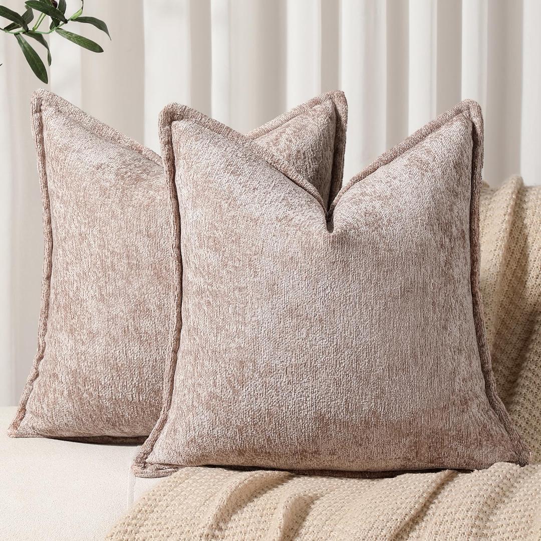 DEZENE Pack of 2 Khaki Decorative Throw Pillow Covers 16x16 Cozy Soft Chenille Accent Vintage Square Couch Pillow Covers for Home Decor Bed Sofa Living Room