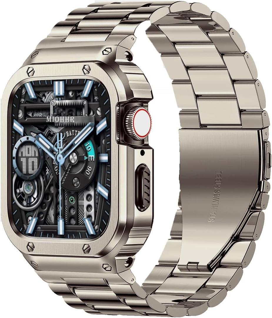 MioHHR Stainless Steel Band and Case Compatible with Apple Watch Band 46mm Series 11 10, Men Metal Protective Bumper Cover for iWatch 46mm Series 11/10, Titanium Color