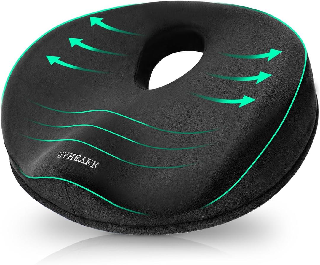 SAHEYER Donut Pillow for Tailbone Pain, Memory Foam Hemorrhoids Pillow for Sciatica Nerve, Sciatica Hip Coccyx Seat Cushion for Long Sitting Office Workers, Car Drivers, Black