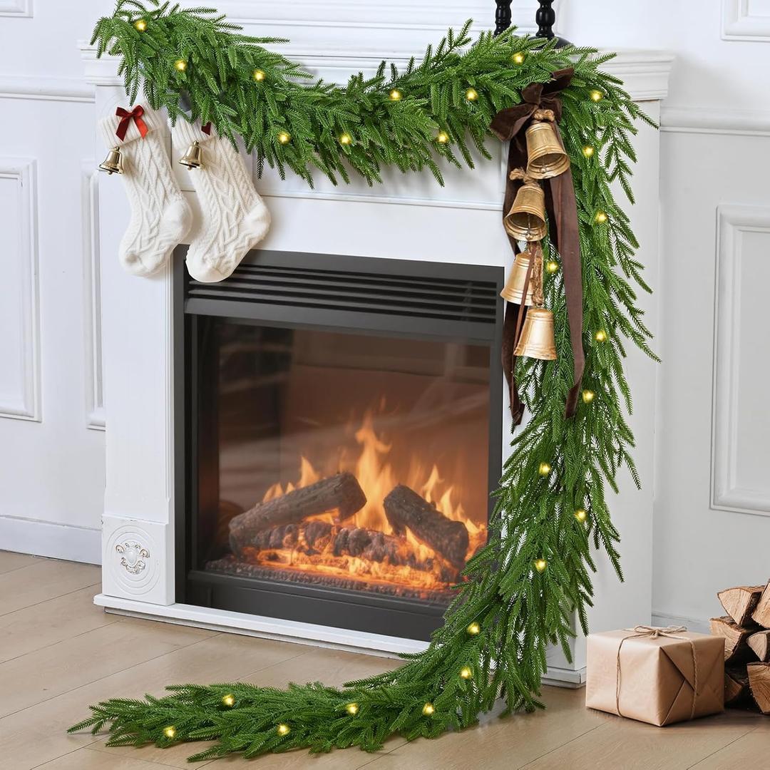 Waipfaru 2Pcs 9ft Artificial Norfolk Pine Garlands Realistic Christmas Garland with Lights Faux Winter Pine Greenery for Mantle,Table, Wall,Indoor,Outdoor Winter Christmas Decorations