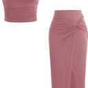 Verdusa Women's 2 Piece Vacation Outfits Ruched Crop Halter Top with Asymmetrical Slit Long Skirt Going Out Sets, X-Small