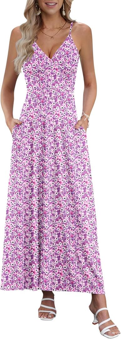 AUSELILY Womens Summer Dress 2025 Sleeveless V Neck Formal Party Evening Cocktail Long Dress with Pockets (X-Large, Pink Purple Flower)