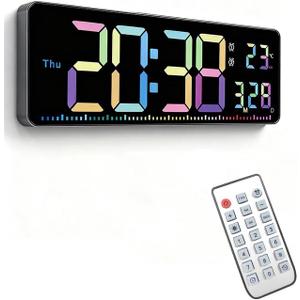 Digital Wall Clock, 16" Colorful Digital Display Clock with Remote Control, Date, Week, Temperature, Dual Alarm, Auto-Dimming, DST, 12/24Hr Format, Countdown, for Living Room Bedroom Office Classroom (Multicolor)