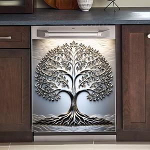 Metal Style Dishwasher Magnet Cover Vinyl Decal, Stainless Steel Tree of Life Pattern Fridge Magnets Refrigerator Stickers Modern Decoration Door Cover Reusable 23"" x 26"" Magnetic, Rimyy06-3