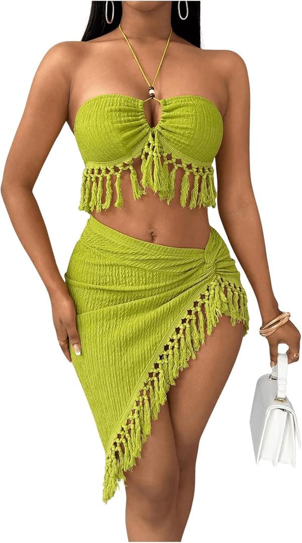 SHENHE Women's Fringe 2 Piece Vacation Outfits Halter Crop Top and Twisted Slit Skirt Set (X-Large, Green)