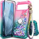 Compatible with Google Pixel 10/10 Pro Case, Pink/Aqua | Bling Sparkly Glitter Liquid Cute Phone Cover for Women Girl with Screen Protector/Ring Holder/Diamond Wrist Strap Lanyard