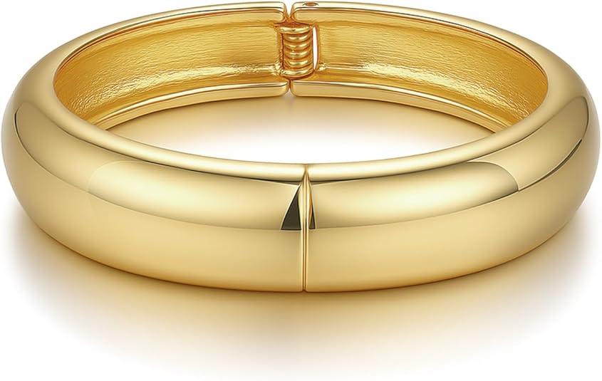 14K Gold Chunky Bangle Bracelet for Women Gold Plated Waterdrop Round Wrist Hinged Cuff Open Wide Bracelet Women Jewelry Gift