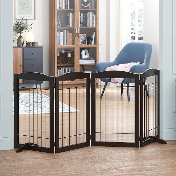 Spirich Free Standing Foldable Wire Pet Gate for Dogs, 80 inches Extra Wide, 30 inches Tall 4 Panels Dog Gate for the House, Doorway, Stairs, Pet Puppy Safety Fence,Set of Support Feet Included, Black 